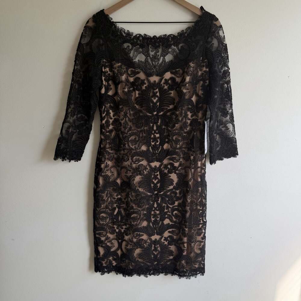 NWT Tadashi Shoji Black Corded Embroidery Tulle Illusion Cocktail Lace Dress 10